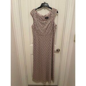 R&M Richards Petite 14P Lace Sequin Dress - Taupe Sleeveless Made In USA‎
